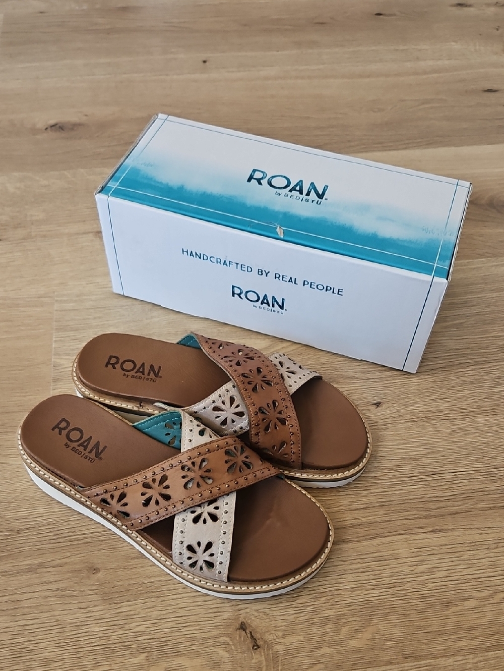 Roan Crossband Leather Slide Sandals in Brown & Cream
